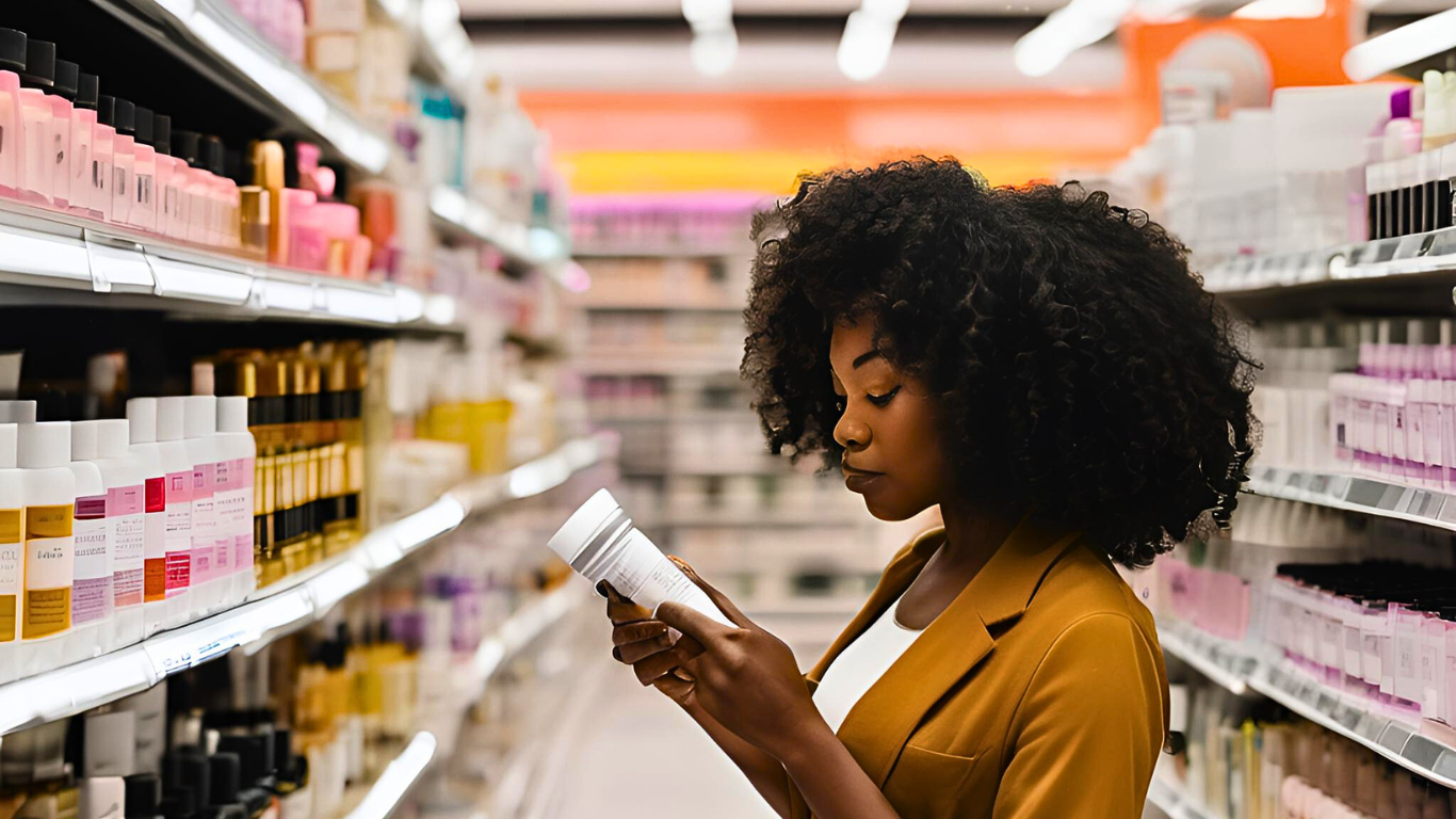 AI Image: Woman Reading Product Ingredients in a Store Aisle
